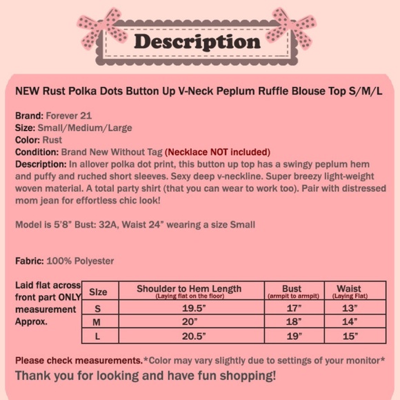 Rust Polka Dot Deep V Neck Button Peplum Shirt Top - Picture 8 of 8